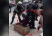 Αστυνομικός των ΜΑΤ κλωτσάει και σπρώχνει διαδηλώτρια που πέφτει σε ζαρντινιέρα – Βίντεο ντοκουμέντο
