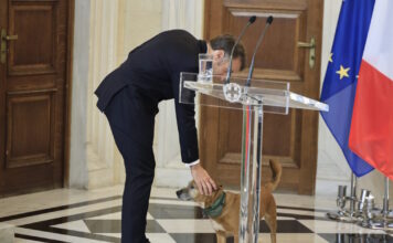 Ο Εμανουέλ Μακρόν γνώρισε τον Πίνατ – Φωτογραφίες από τα χάδια και τα παιχνίδια με τον σκύλο του Κυριάκου Μητσοτάκη